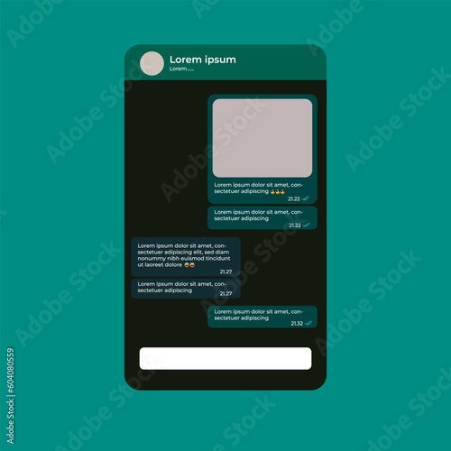 Modern vector mobile phone illustration with chat screen app, messaging template. Social network, chatting and messaging concept. Whatsapp. Facebook. Line. We Chat. WeChat. Iphone Chat. IMessage.