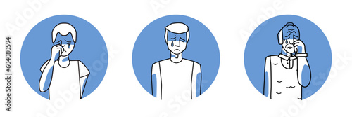 Sad male circle icons set. Young, adult and old men with sadness, emotion of melancholy, crying with tears. Blue and white color, human characters.