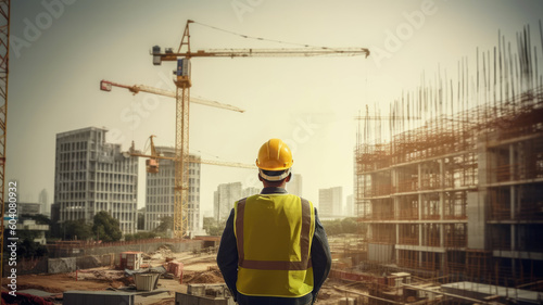 Generative AI Civil engineer and safety officer inspection construction worker teamwork election steel truss in construction site