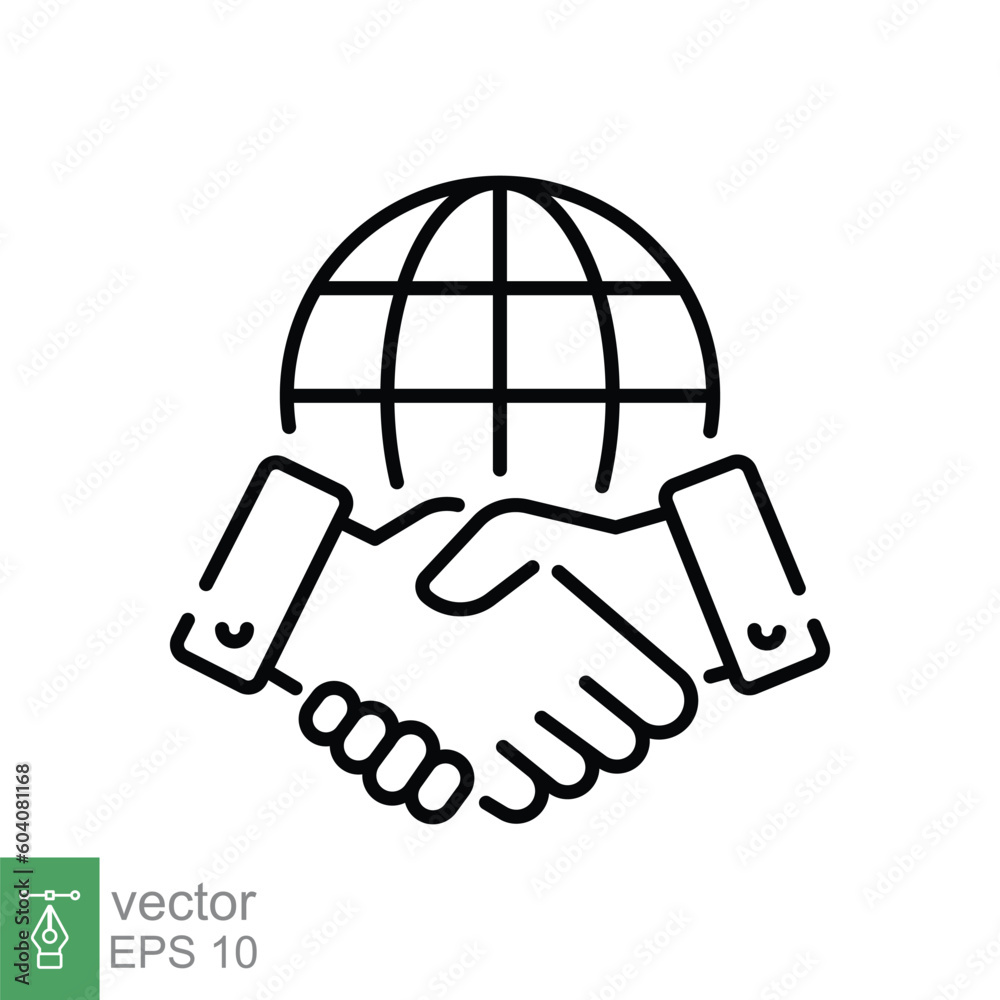 Business agreement icon. Simple outline style. Hand shake with globe for deal contract, international partnership concept. Thin line symbol. Vector illustration isolated on white background. EPS 10. Business agreement icon. Simple outline style. Hand shake with globe for deal contract, international partnership concept. Thin line symbol. Vector illustration isolated on white background. EPS 10.