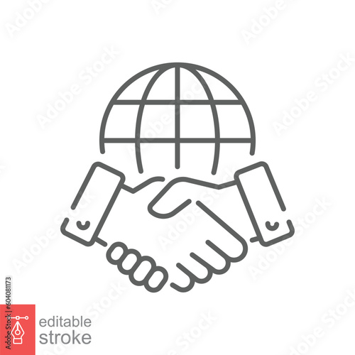 Business agreement icon. Simple outline style. Hand shake with globe, global relationship concept. Thin line symbol. Vector illustration isolated on white background. Editable stroke EPS 10.
