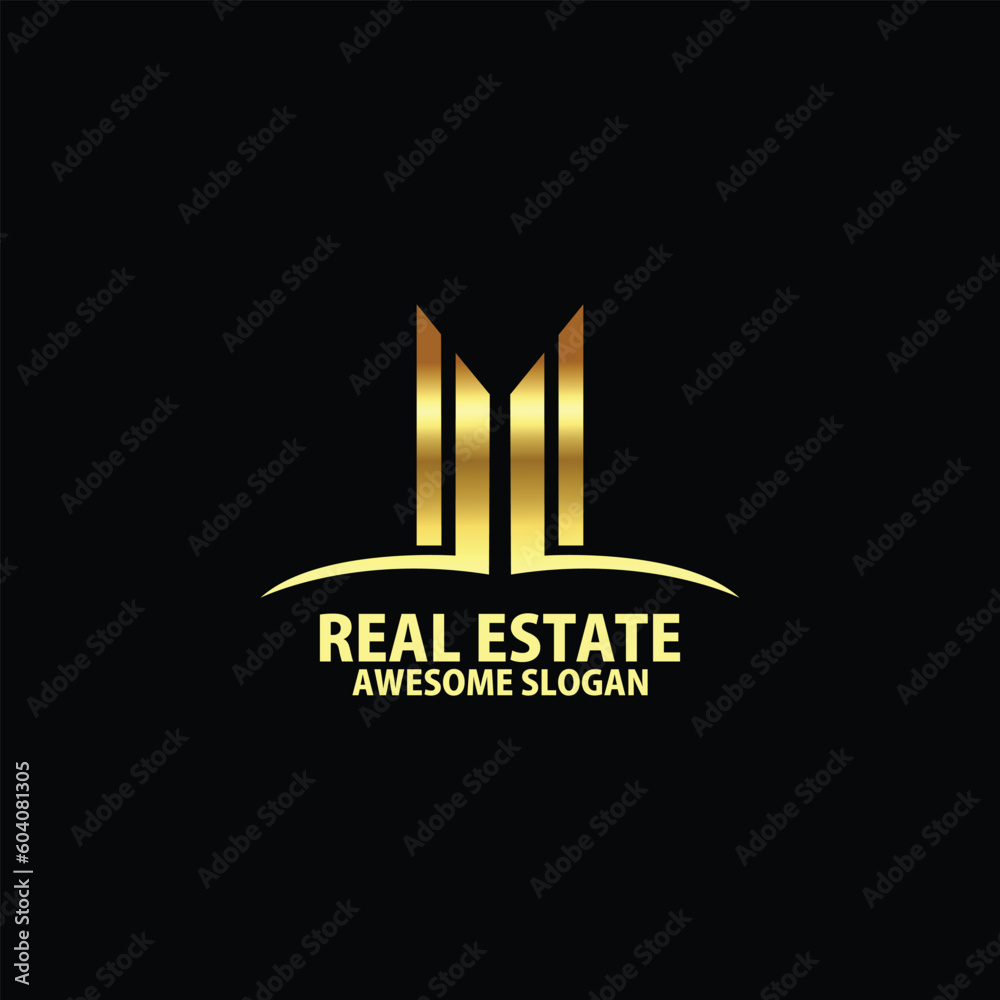 real estate with letter m logo design luxury line art