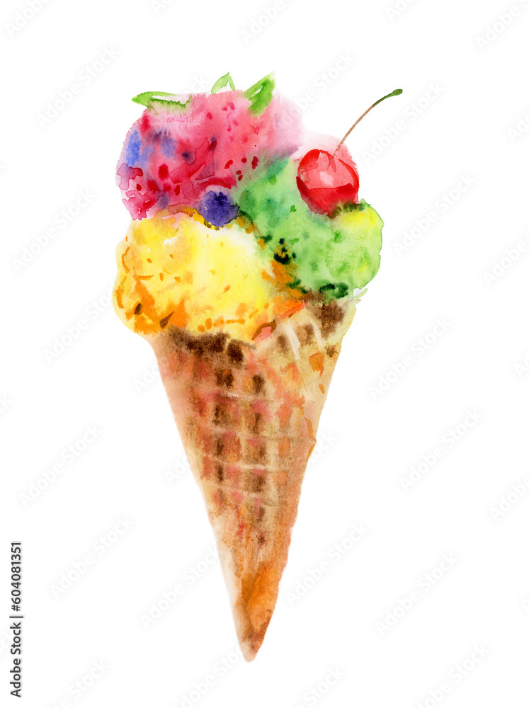 Colorful ice cream in cone with cherry, blueberry and mint leaves, isolated on white background . Watercolor illustration. Colorful ice cream in cone with cherry, blueberry and mint leaves, isolated on white background . Watercolor illustration.