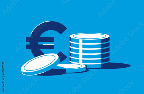 Euro sign and stack of metall coins. Currency of the European Union. Tower of glowing money in flat style. Banking and economy, investment and profit, earnings and pay concept