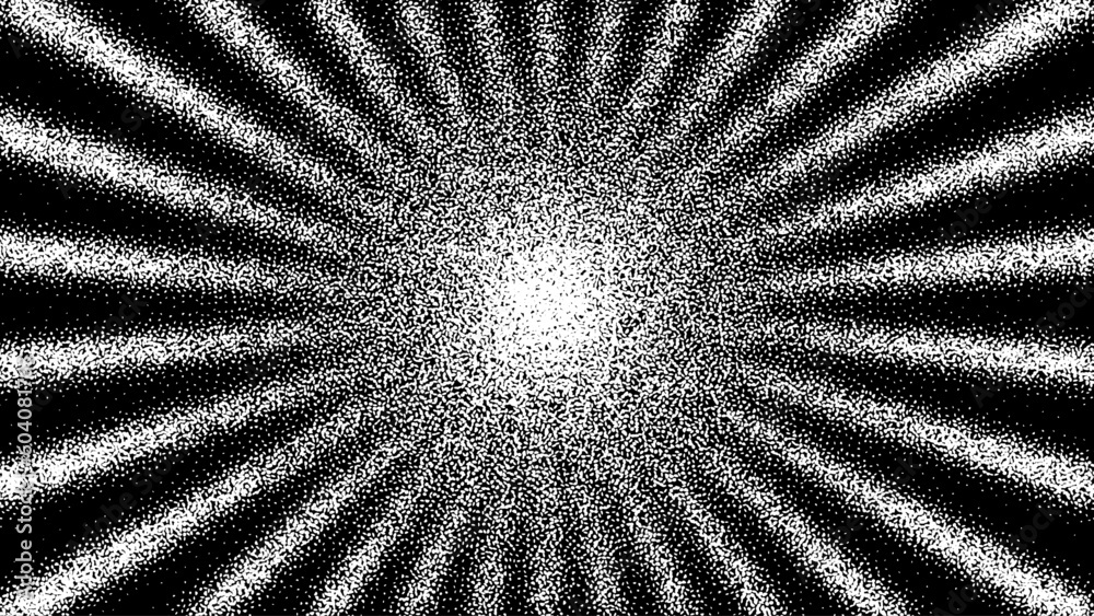 Retro sunburst background in monochrome with grainy stippling effect