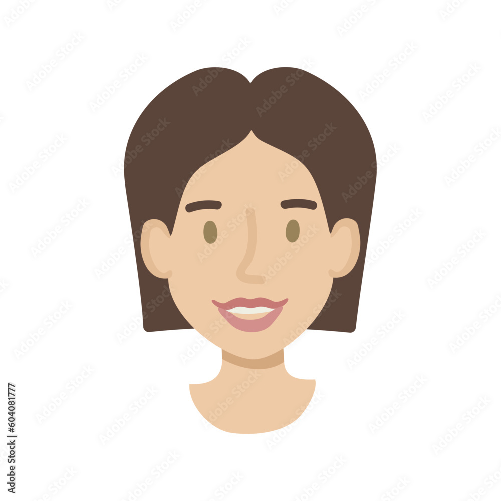 Girl face flat. Friendly young woman with short dark hair. Hand drawn vector illustration. Girl face flat. Friendly young woman with short dark hair. Hand drawn vector illustration.
