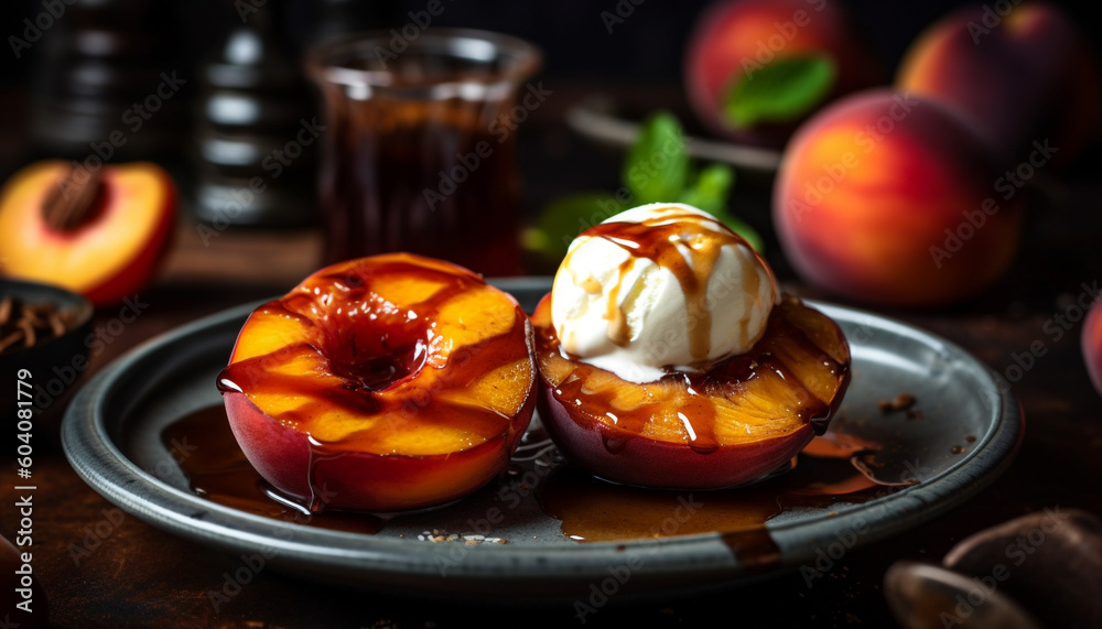 Fresh peach slice on rustic wood plate generated by AI