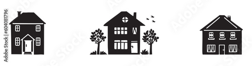 Set of rustic cottage motif in homestead vintage style. Vector illustration of whimsical rural country house. 