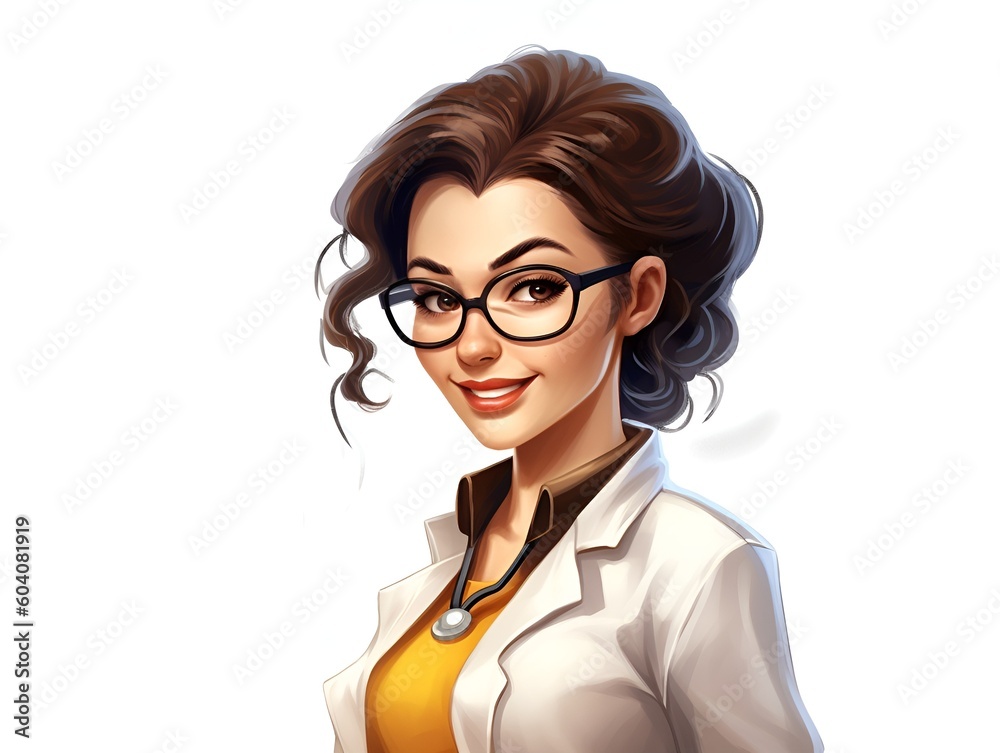 Cartoon style avatar illustration of a young woman with brunette hair and glasses wearing a lab code on a white background. Scientist, Worker in a laboratory, Doctor Cartoon style avatar illustration of a young woman with brunette hair and glasses wearing a lab code on a white background. Scientist, Worker in a laboratory, Doctor