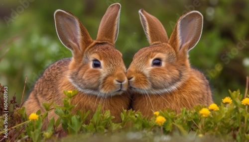 Fluffy baby rabbits sitting in green meadow generated by AI