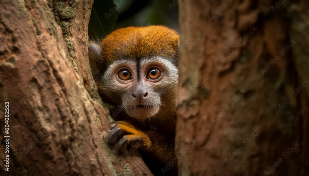 Cute young macaque sitting on tree branch generated by AI Cute young macaque sitting on tree branch generated by AI