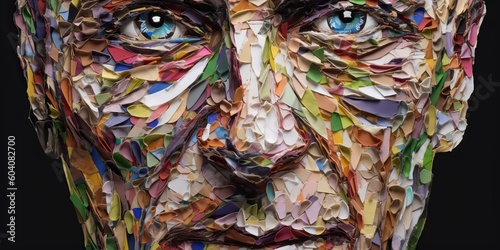 A mix of diverse facial features cut from magazines, creatively assembled into a unique and striking portrait, concept of Collage art, created with Generative AI technology