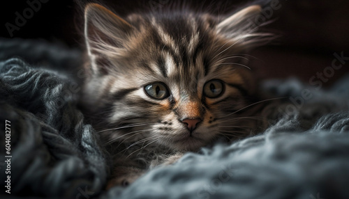 Fluffy kitten resting, staring with softness generated by AI