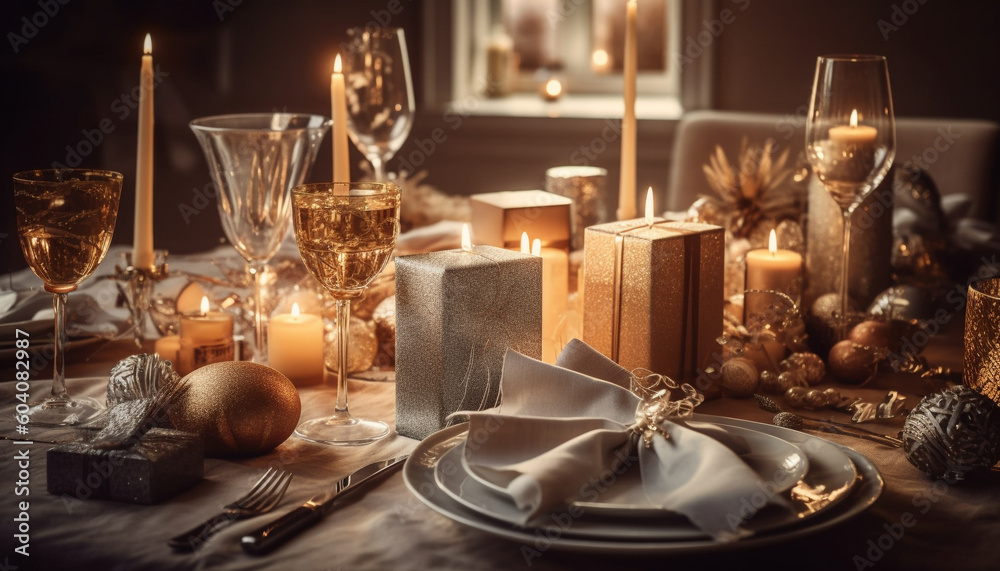 Glowing candlelight illuminates elegant winter celebration table generated by AI