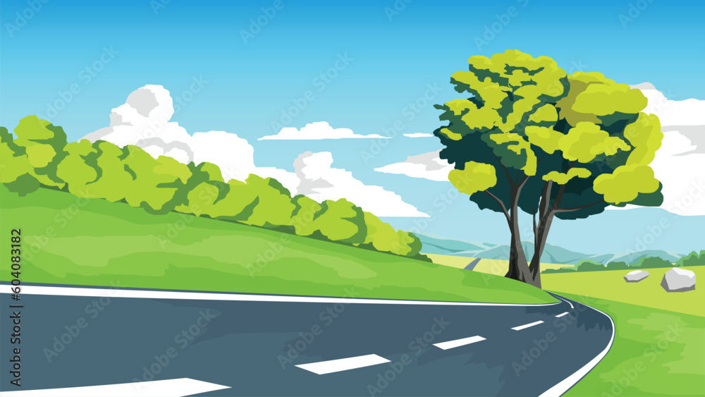 Copy Space Flat Vector Illustration. of curved asphalt road path and ...