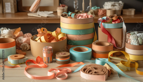 A colorful pottery collection decorates the wooden table generated by AI