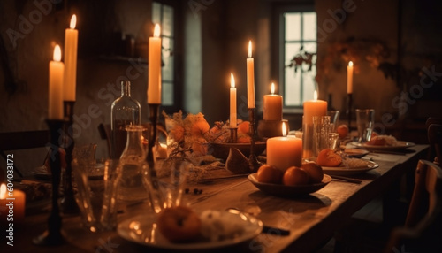Candlelight illuminates table, wineglass, and still life generated by AI