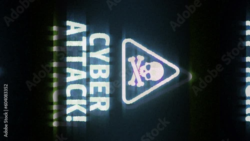 Vertical video: Cyber attack symbol light flashing on screen. Security breach with skull icon on display. Loopable and seamless abstract concept with noise and modern glitch.
