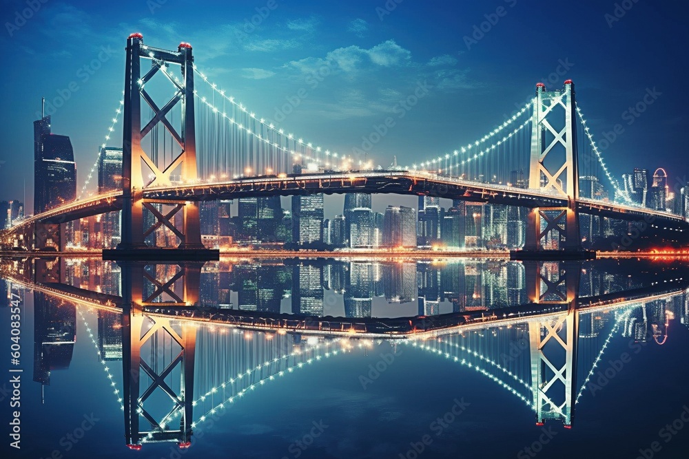 Obraz premium Illuminated Urban Nightscape: A Bridge with Reflective Lights on the Water - AI Generative