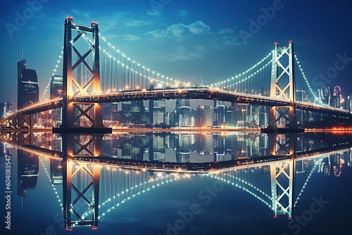 Illuminated Urban Nightscape: A Bridge with Reflective Lights on the Water - AI Generative © Digital Dreamscape