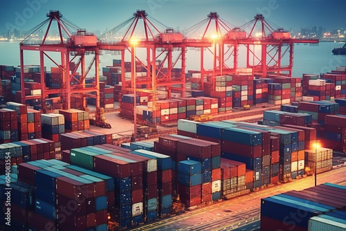 Industrial Powerhouse: Container Cranes Operating in a Large Port - AI Generative