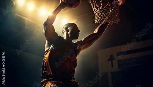 Muscular basketball player throwing ball with determination generated by AI