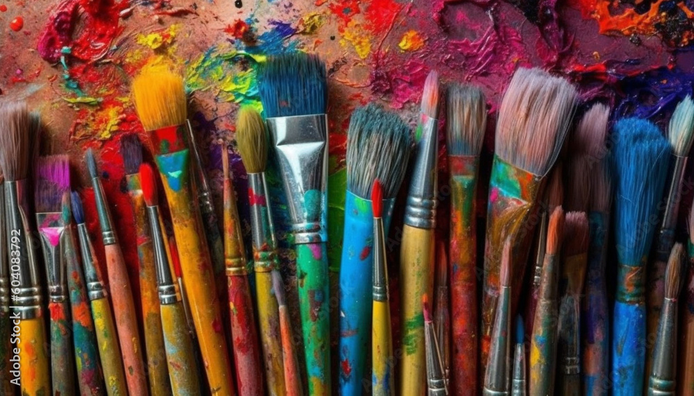 Vibrant acrylic paintings in messy art studio chaos generated by AI Vibrant acrylic paintings in messy art studio chaos generated by AI