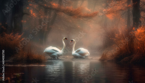 Mute swan elegance reflected in tranquil pond generated by AI