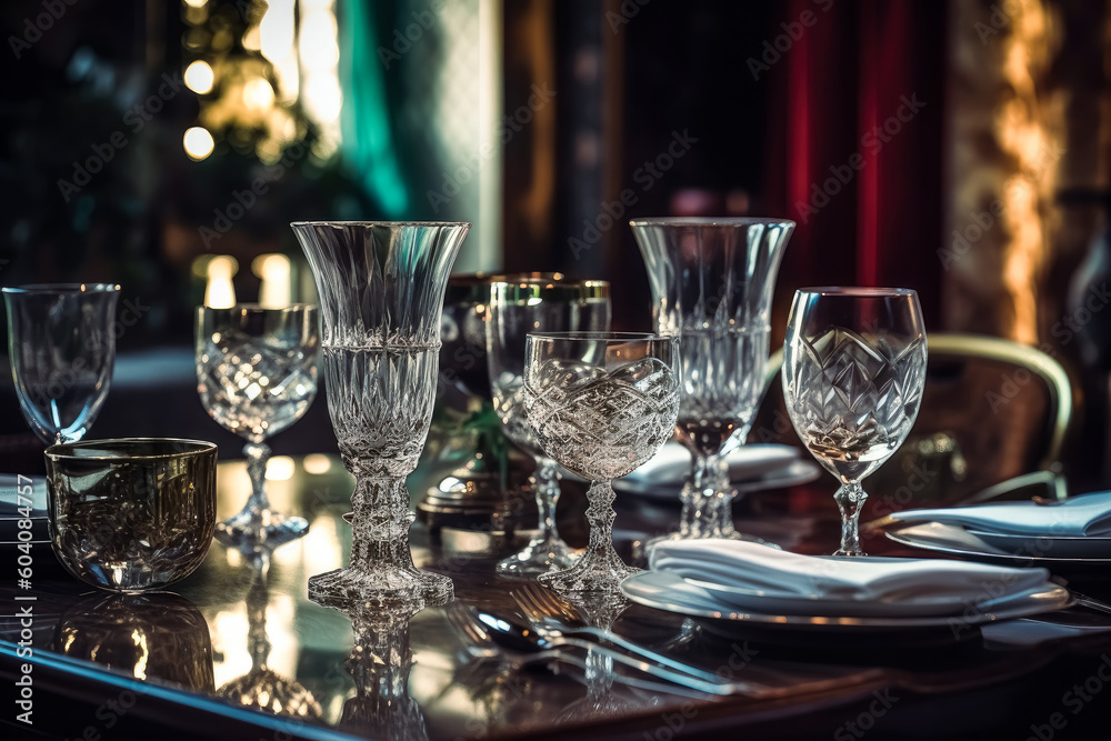 Dinner table setting with crystal wine glasses and silverware. Generative Ai Illustration.
Dinner table setting with crystal wine glasses and silverware. Generative Ai Illustration.