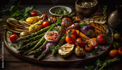 Fresh organic vegetarian salad on rustic wooden plate generated by AI