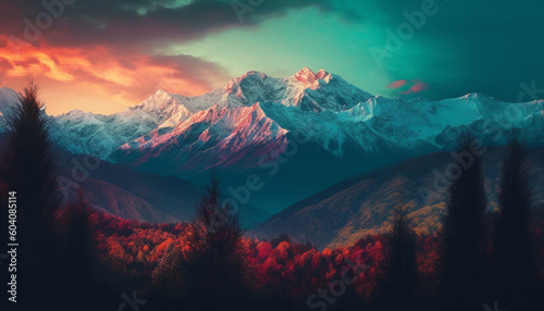 Majestic mountain peak, tranquil sunset, panoramic beauty generated by AI
