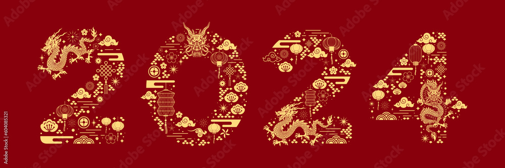 Happy chinese new year 2024 the dragon zodiac sign with clouds, lantern, asian elements gold paper cut style on color background. Year of the dragon banner	
 - obrazy, fototapety, plakaty 