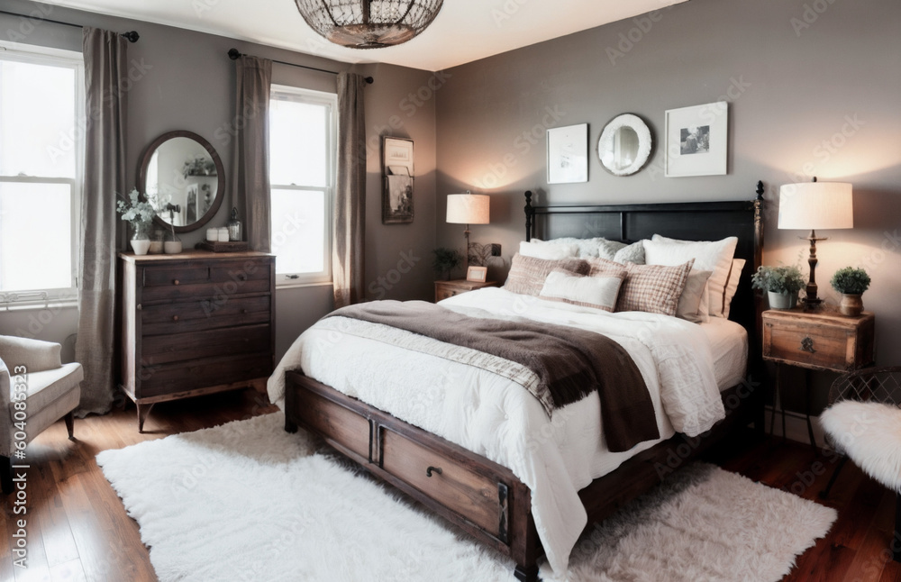 Interior design of a vintage-inspired bedroom with a warm color palette ...
