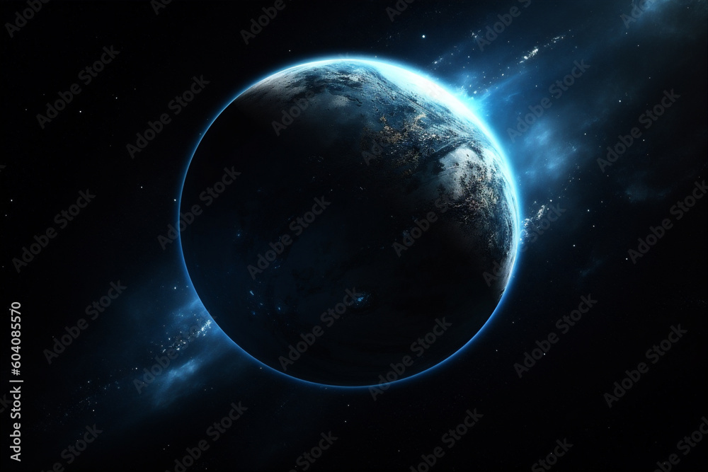 Blue planet, Earth in cosmic space. Galaxy, cosmos, space background. Generative AI.