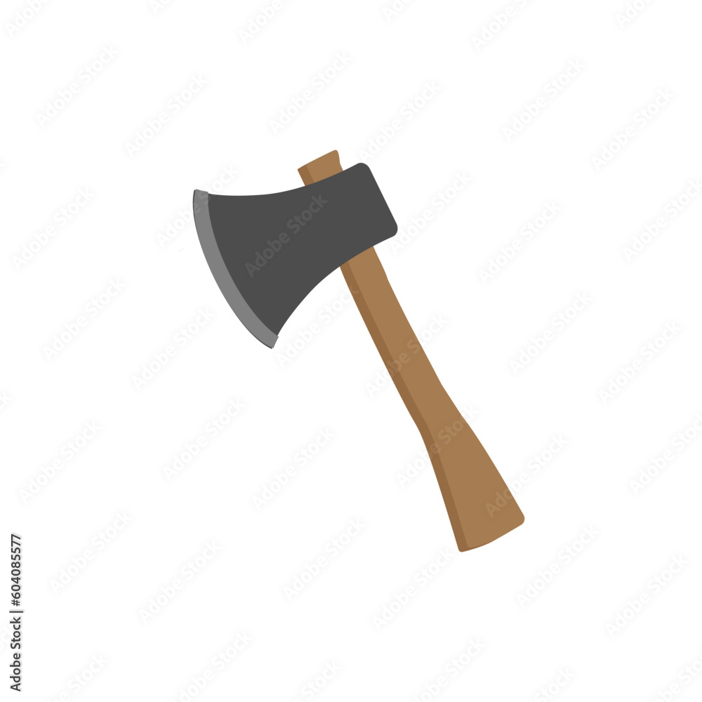 Cartoon ax with brown wood handle and shiny metal blade - flat icon of work tool or camping equipment - isolated object on white background Cartoon ax with brown wood handle and shiny metal blade - flat icon of work tool or camping equipment - isolated object on white background