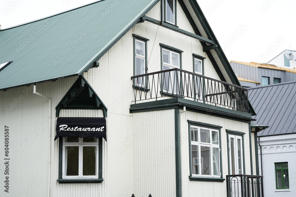 the beautiful building of the restaurant in the city of Reykjavik, Iceland.