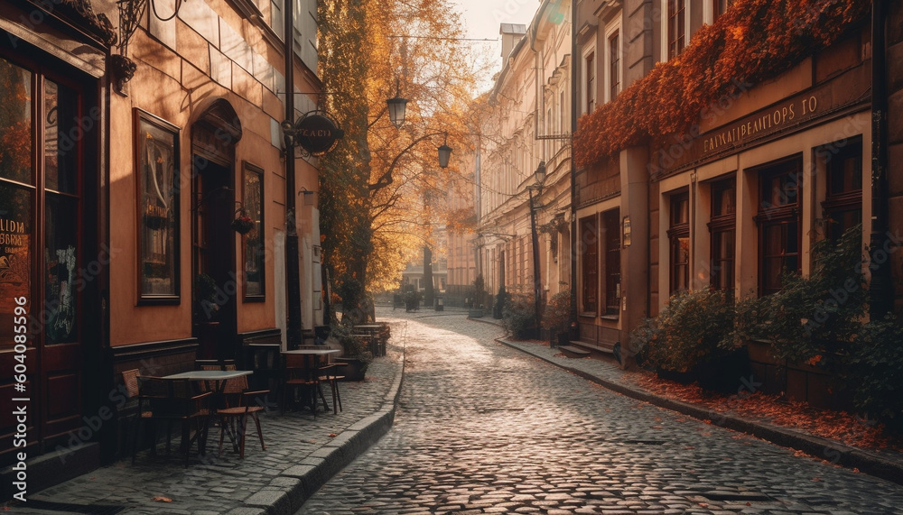 Autumn leaves illuminate old building facade at dusk generated by AI