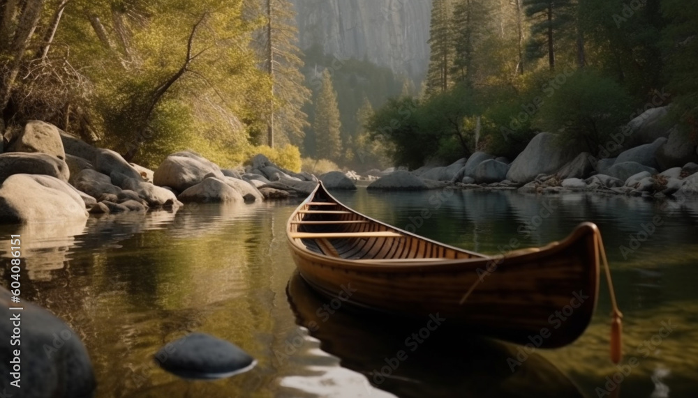 Tranquil scene of canoeing in Alberta wilderness generated by AI