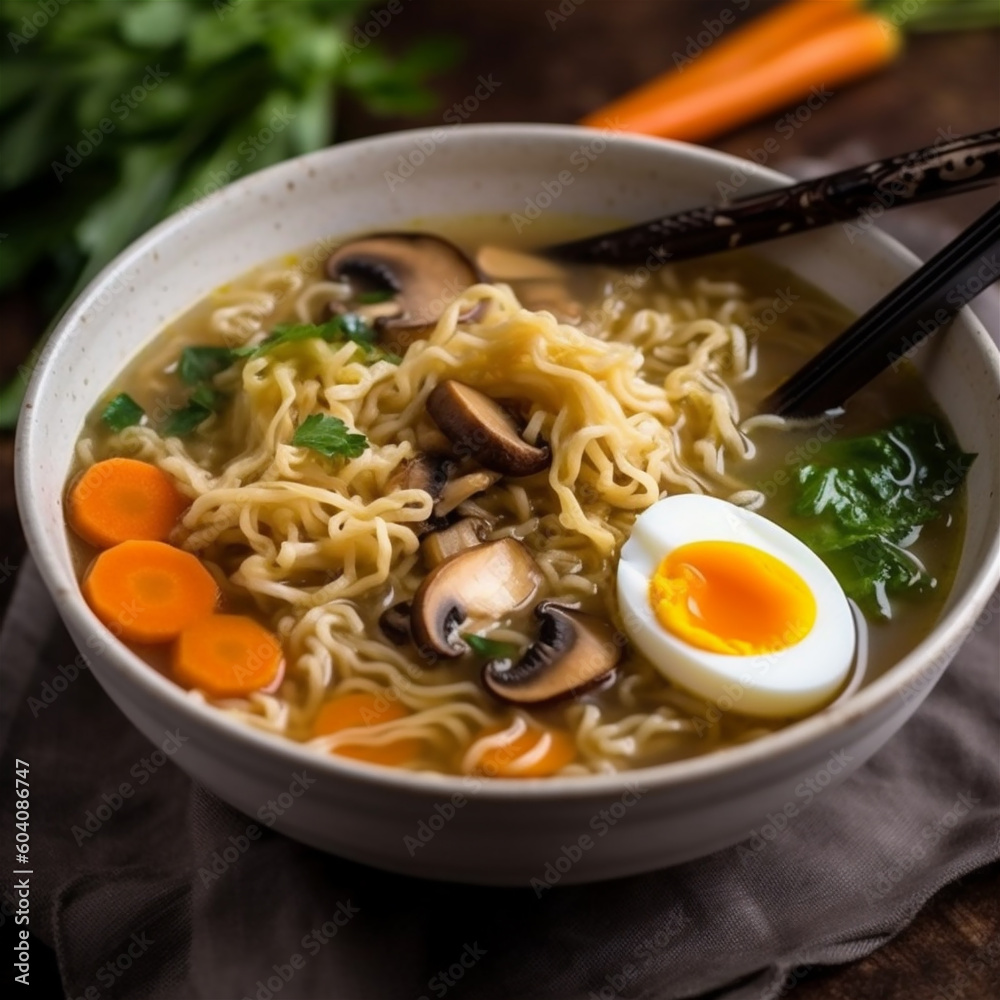 Close up delicious food, instant noodles with egg and mushroom Close up delicious food, instant noodles with egg and mushroom