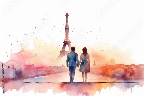 Watercolor couple of lovers holding hands against the backdrop of the Eiffel Tower. Illustration for postcard  wedding invitation. Generative ai