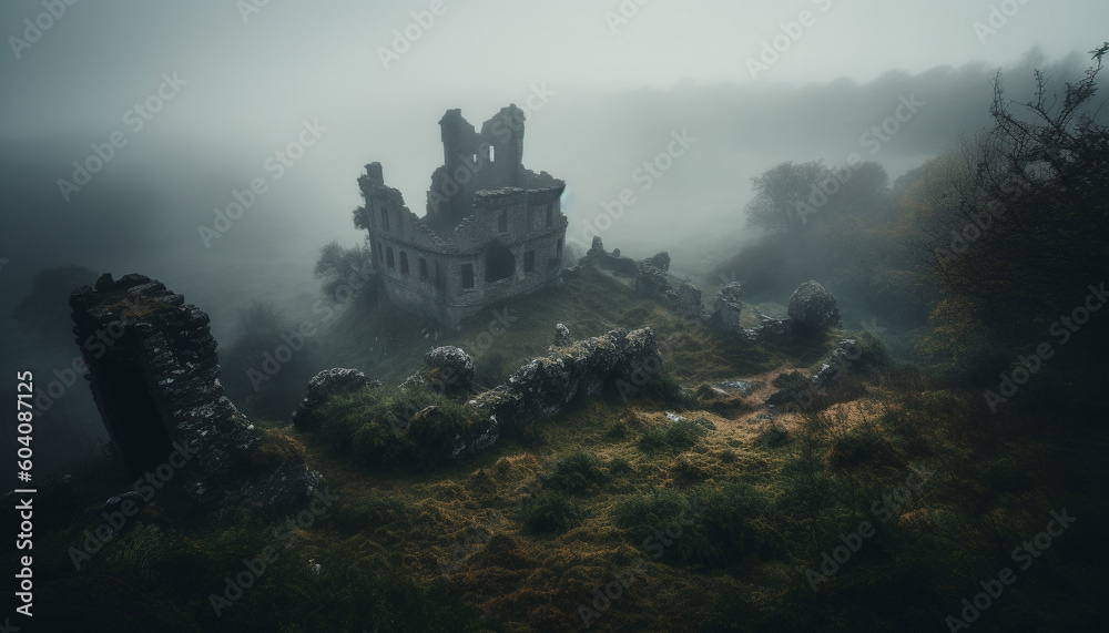 Spooky old ruin in foggy landscape mystery generated by AI