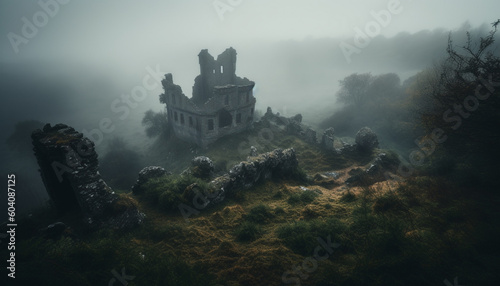 Spooky old ruin in foggy landscape mystery generated by AI