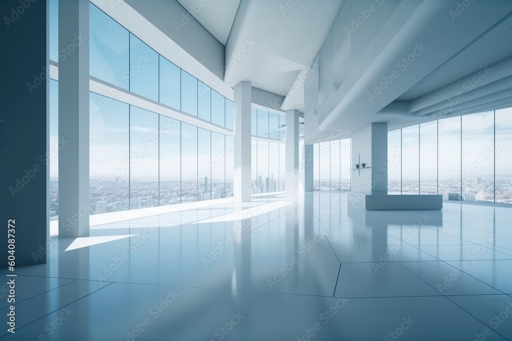 modern office building interior with cityscape out of the window. Created with Generative AI Technology. 
