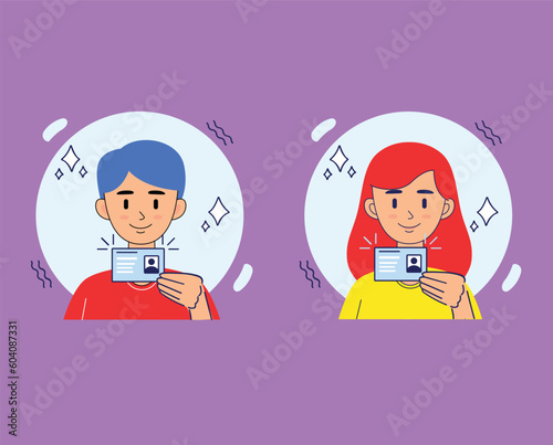 illustration vector of a man and woman taking a picture or selfie. take a photo of his own face and show an identity card. smile and style or pose. flat style. vector design-Ktp selfie