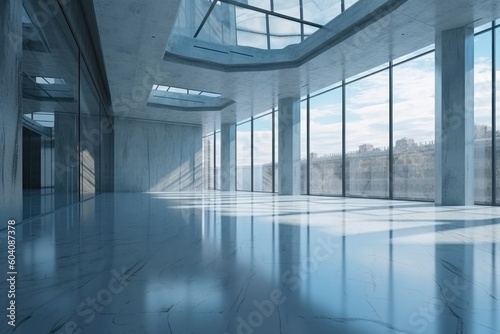 modern office building interior with cityscape out of the window. Created with Generative AI Technology. 