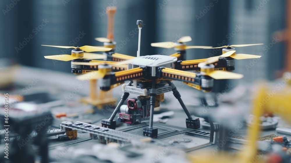 Generative AI Engineer man flying drone over construction site Generative AI Engineer man flying drone over construction site