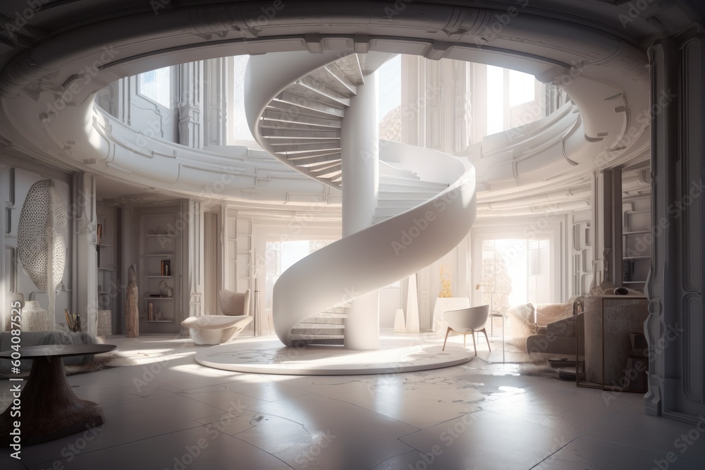 White cylinder shaped grand room with vaulted ceilings, double spiral staircases in the middle. Created with Generative AI technology. White cylinder shaped grand room with vaulted ceilings, double spiral staircases in the middle. Created with Generative AI technology.