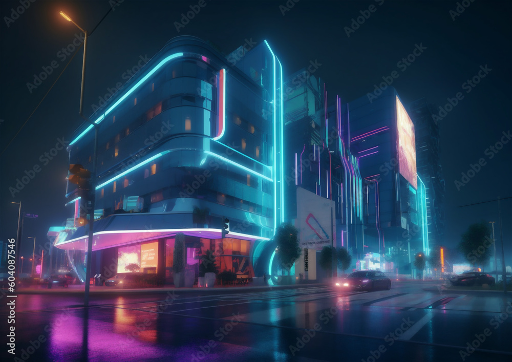 Modern design urban buildings arranged with neon light effects at night