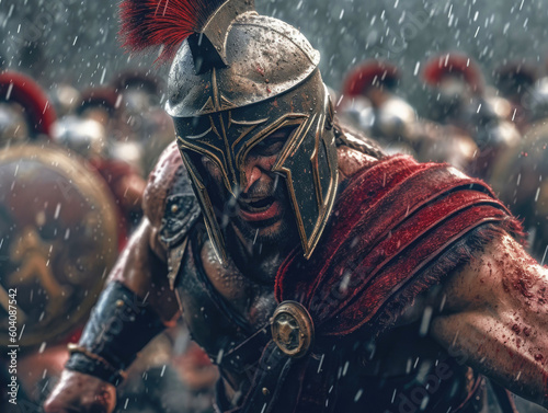 A Spartan warriorGladiator in a red cape and helmet fighting in the rain.