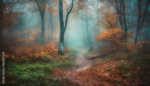 Tranquil footpath in spooky autumn forest mystery generated by AI